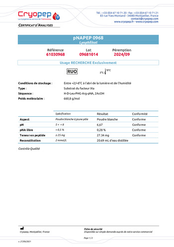 Certificat d'analyses pNAPEP-0968 Substrat Chromogène FIXa
